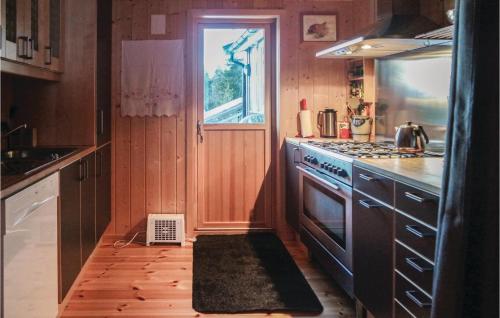 SjusjøenにあるGorgeous Home In Sjusjen With Saunaの小さなキッチン(コンロ、窓付)