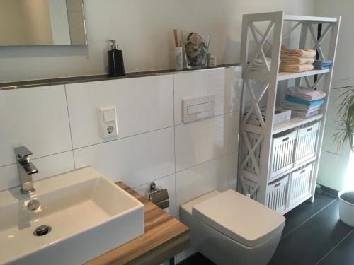 een badkamer met een wastafel, een toilet en een plank bij Klause am grünen Hof in Friesoythe