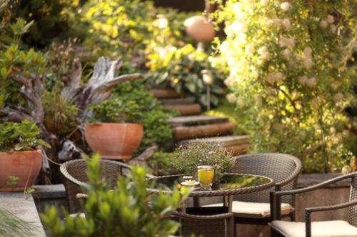 an outdoor patio with chairs and tables and potted plants at Bergkristall in Brand