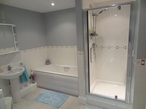a bathroom with a shower and a tub and a sink at Birchwood House in Church Stretton