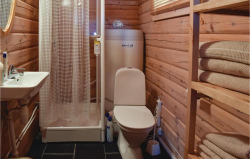 y baño con aseo, ducha y lavamanos. en Awesome Home In Nordtveitgrend With Wifi, en Husa