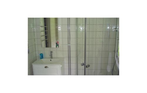 uma casa de banho com um chuveiro, um lavatório e um espelho. em Cozy Home In Katrineholm With Lake View em Katrineholm