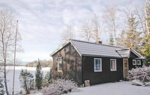 a black tiny house in the snow at Beautiful home in Frgelanda with 4 Bedrooms and WiFi in Färgelanda