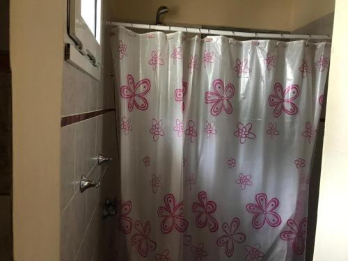 a shower curtain with pink butterflies on it in a bathroom at Mono Ambiente Clarien in Lago Puelo