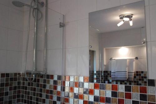 uma casa de banho com um espelho e uma parede em azulejo em Hollyhock Cottage em Ashford
