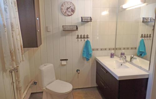 a bathroom with a toilet and a sink and a mirror at Awesome Home In Vg With House Sea View in Vågåmo