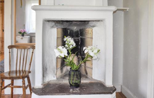 a vase with white flowers in a fireplace at Holiday Home Rökulla Mariannelund in Mariannelund