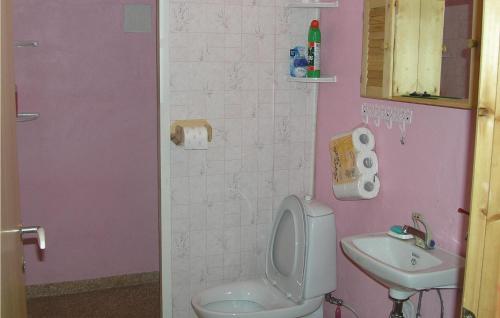 Baño de color rosa con aseo y lavamanos en Cozy Home In Nordfjordeid With Kitchen en Nordfjordeid