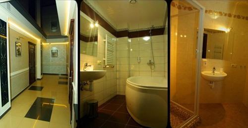 two pictures of a bathroom with a tub and a sink at Hotel Deluxe in Horodenka