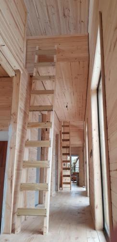 a wooden staircase in a house under construction at Vivelodge in Las Trancas