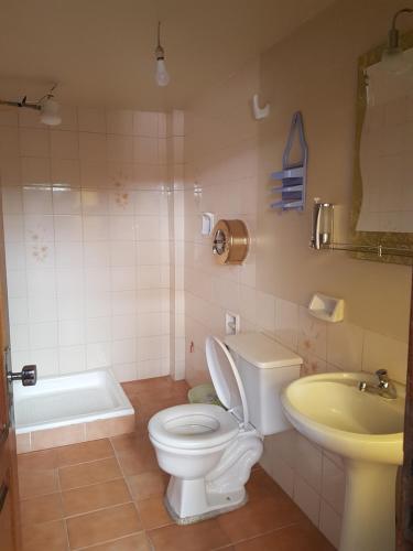 a bathroom with a toilet and a sink and a tub at Hostel Buen descanso in Sucre