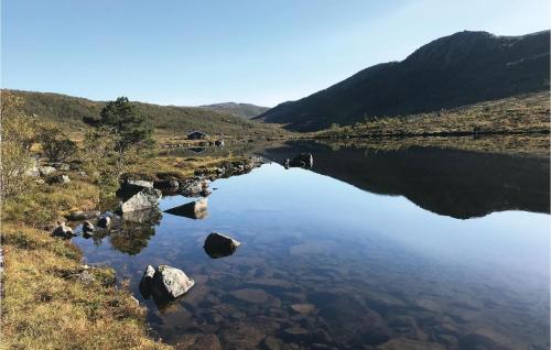 a lake in the middle of a field with rocks at Tjeldøya in Dragland