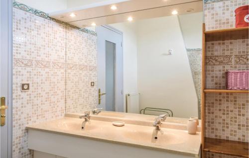 La salle de bains est pourvue d'un lavabo et d'un grand miroir. dans l'établissement Nice Home In Sahurs With 3 Bedrooms And Wifi, à Sahurs