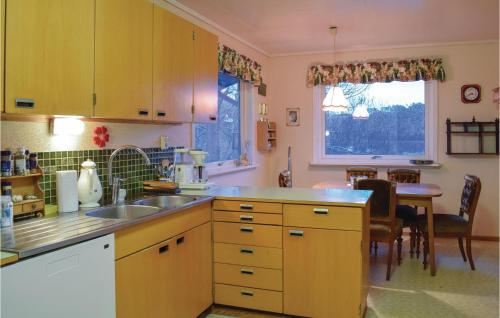 a kitchen with a sink and a table in it at Lovely Home In Finns With House A Panoramic View in Kuleseid