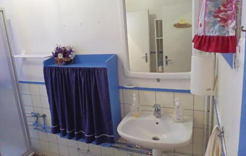 La salle de bains est pourvue d'un lavabo et d'un miroir. dans l'établissement Cozy Home In Korsfjorden With House A Mountain View, à Komagfjord