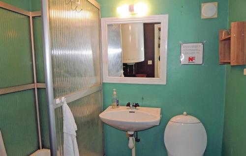 a green bathroom with a sink and a toilet at Nice Home In Vxtorp With 2 Bedrooms in Floalt