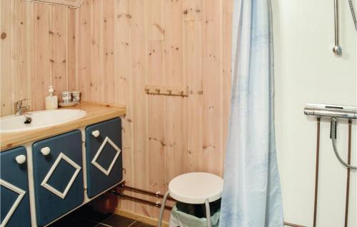 baño con lavabo y cortina de ducha en Stunning Home In Sjusjen With Kitchen, en Sjusjøen