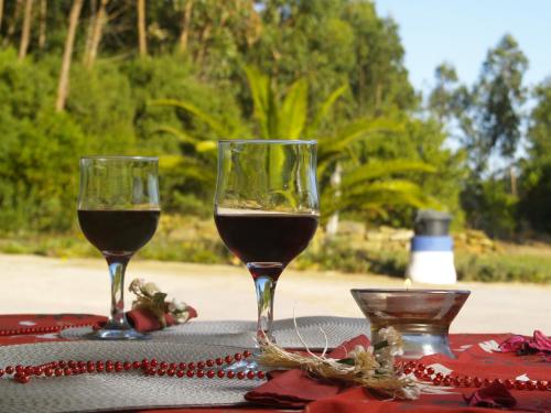 two glasses of wine sitting on top of a table at Quinta do Sardanito de Tras in Zambujeira do Mar