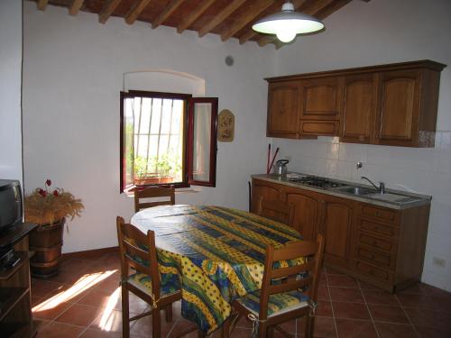 a kitchen with a table with chairs and a sink at Borgo Sicelle Residence in San Donato in Poggio