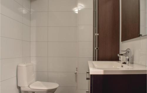 a white bathroom with a toilet and a sink at Awesome Apartment In Hovden in Hovden
