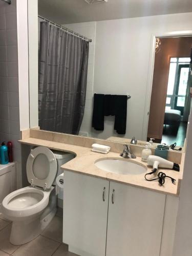 a bathroom with a toilet and a sink and a mirror at Executive 1 Bedroom Condo sleeps 2 in Toronto