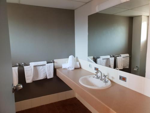 a bathroom with a sink and a mirror at Crystal Fountain Motel Albury in Albury