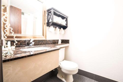 a bathroom with a toilet and a sink and a mirror at Quality Inn Cromwell - Middletown in Cromwell