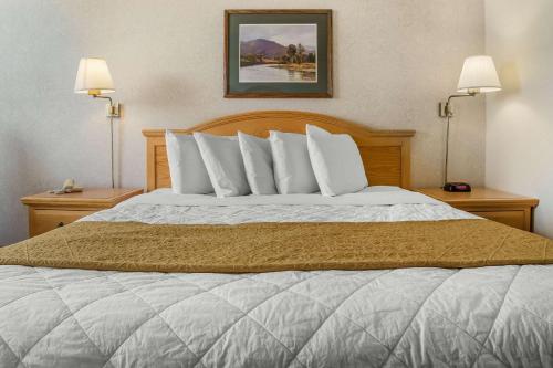 a bed in a hotel room with two lamps at Econo Lodge Rawlins in Rawlins