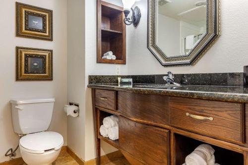 a bathroom with a sink and a toilet and a mirror at Clarion Pointe Sulphur Springs in Sulphur Springs