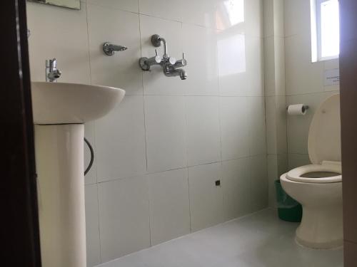 a bathroom with a sink and a toilet at Hotel Yambu kathmandu in Kathmandu
