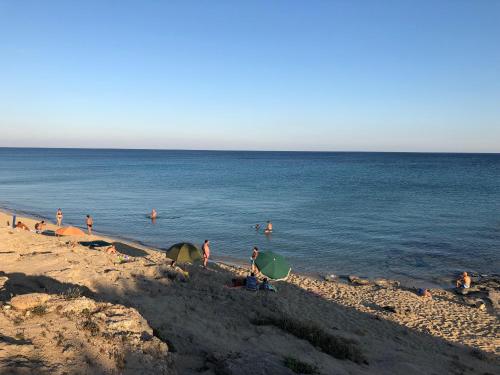 a group of people on a beach with umbrellas at FICOMORO surf house in Campomarino