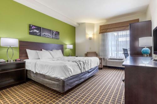 a hotel room with a bed and a large window at Sleep Inn Orangeburg in Orangeburg