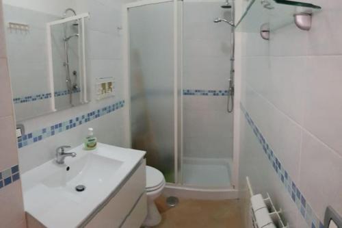 ein Bad mit einer Dusche, einem Waschbecken und einem WC in der Unterkunft The Royal Home (Reggia di Caserta / università / centro in 5min) in Caserta