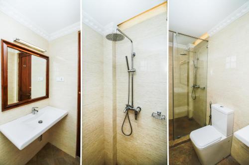 twee foto's van een badkamer met een douche en een wastafel bij Hotel Queensbury Malabe in Kaduwela