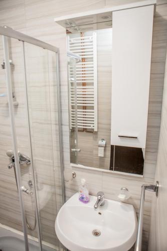a bathroom with a sink and a shower with a mirror at Apartments Heaven in Cetinje
