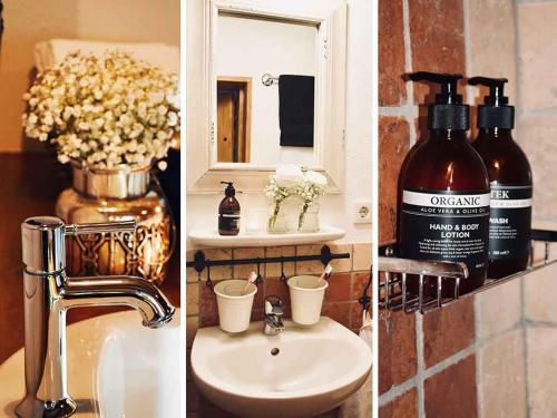 dos fotos de un baño con lavabo y una botella de alcohol en Linne-Cottage, en Willingen