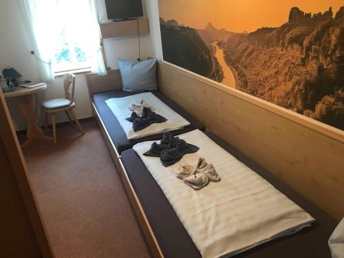 a couple of beds in a room with shoes on them at Gasthof zur Hoffnung in Hinterhermsdorf