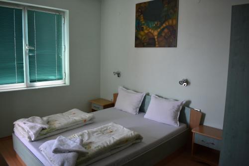 Bett in einem Zimmer mit zwei Kissen darauf in der Unterkunft Exotic Guest House in Sozopol