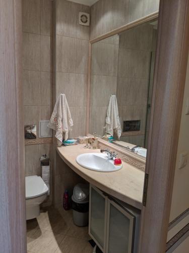 a bathroom with a sink and a toilet and a mirror at La Mer Residence Beach Apartment in Golden Sands