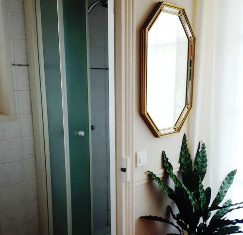 a bathroom with a mirror and a plant at Apakabar Homestay - proche gare Melun, parking privé, Netflix in La Rochette