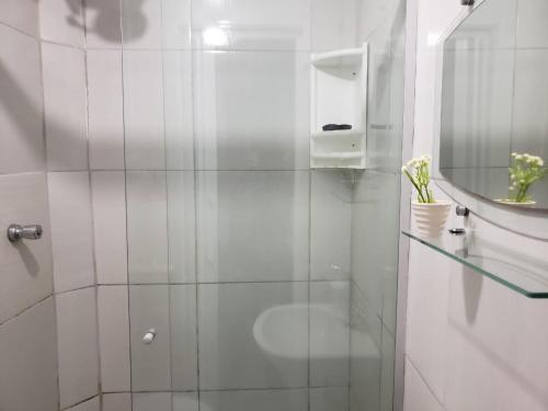 La salle de bains est pourvue d'une douche avec une porte en verre. dans l'établissement Casa da Albertina, à Fernando de Noronha