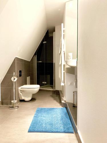 La salle de bains est pourvue de toilettes et d'un tapis bleu. dans l'établissement Les Appartements du Renard, à Strasbourg