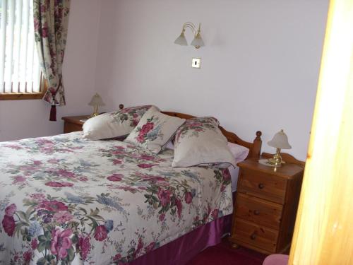 a bedroom with a bed with a floral bedspread and a night stand at Seilebost in Lewiston