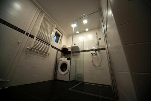 a bathroom with a washing machine and a shower at Apartment Arh in Bled