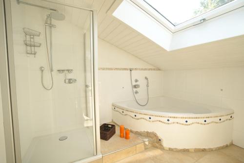 a bathroom with a shower and a bath tub at Ferienwohnung Stuiben in Blaichach