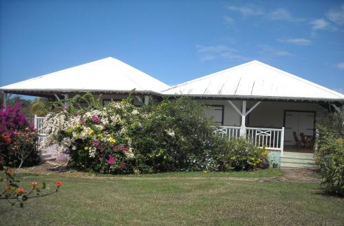 a house with two white roofs and some flowers at Gîtes Mosaïques in Sainte-Rose