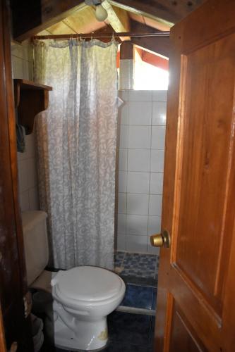 a bathroom with a toilet and a shower at El Descanso in Mindo