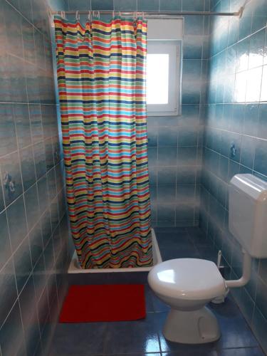 a bathroom with a toilet and a shower curtain at Apartments Renata in Rab