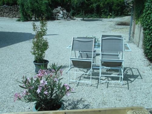 two chairs and a table in a yard with flowers at La Garitinne in Onjon