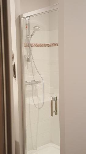 a shower with a glass door in a bathroom at Chez Jacqueline in Tours